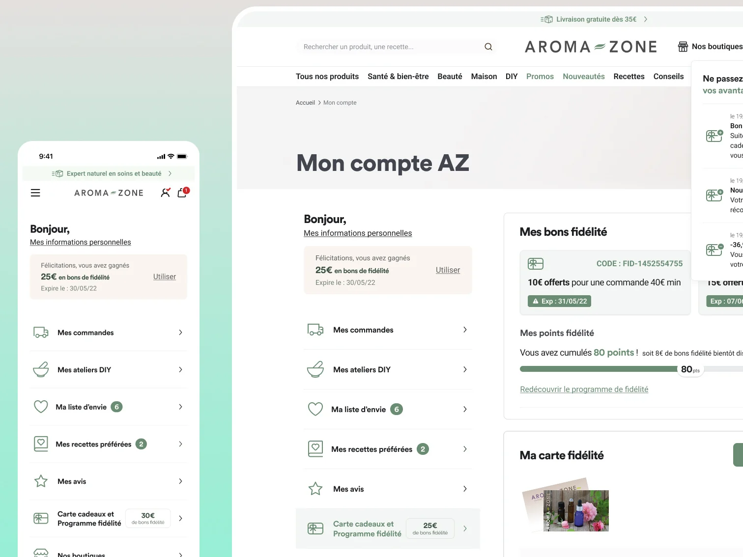 Page Mon compte AZ : programme de fidélité, points cumulés et bons de réduction, en desktop et mobile