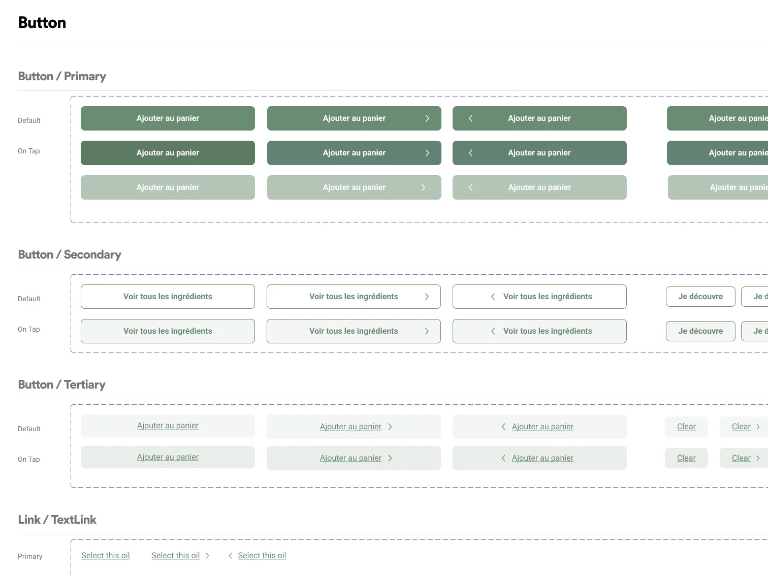 Spécification du composant Button : variantes Primary, Secondary, Tertiary et Link, avec états Default et On Tap