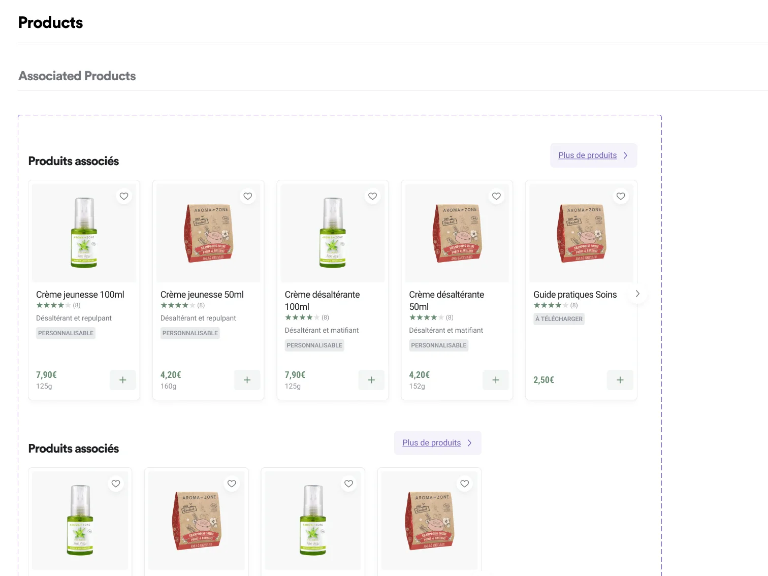 Spécification de la Product Card, illustrée en contexte dans un carrousel de produits associés