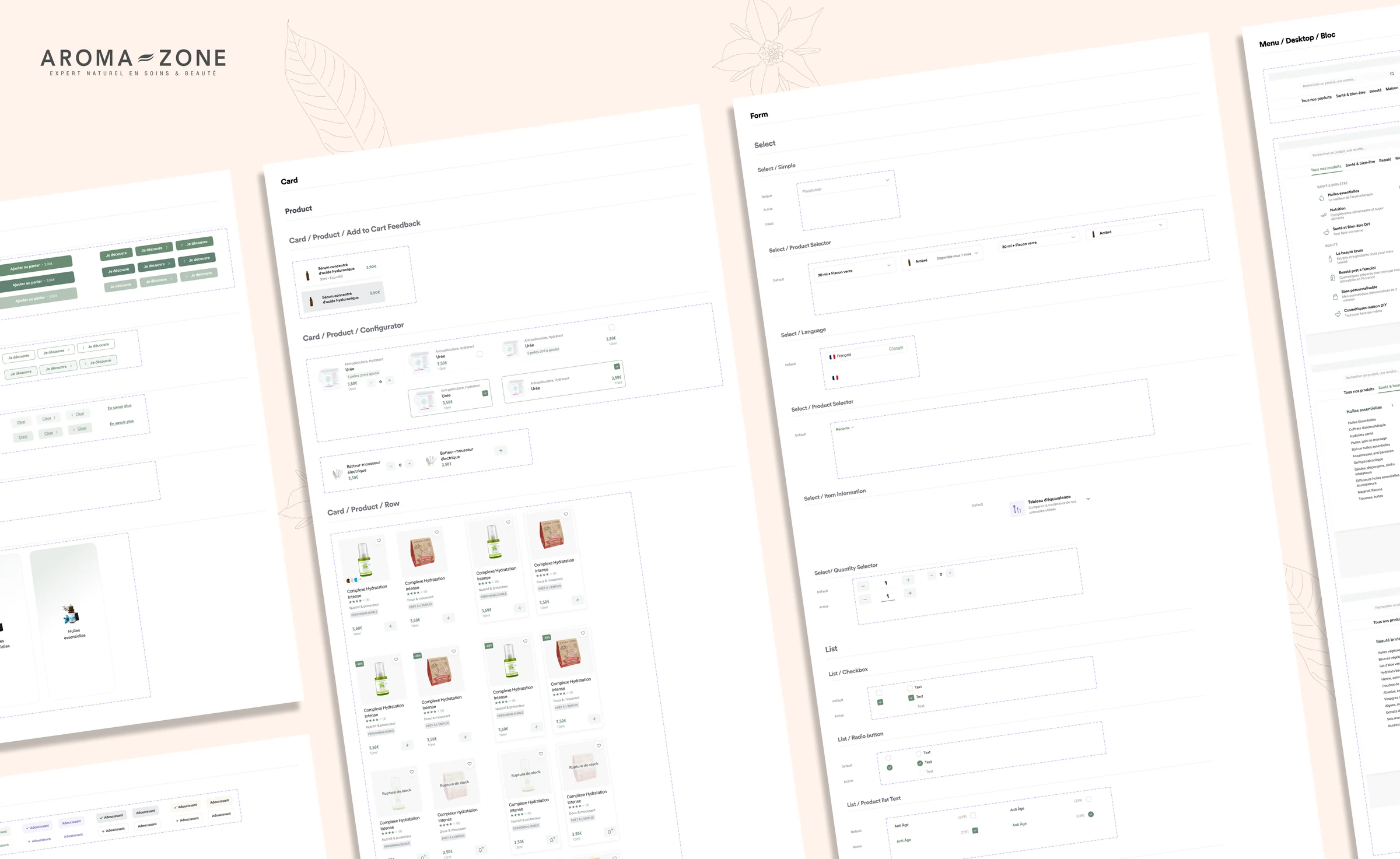 Détail de la librairie de composants : cards produit, formulaires, menu