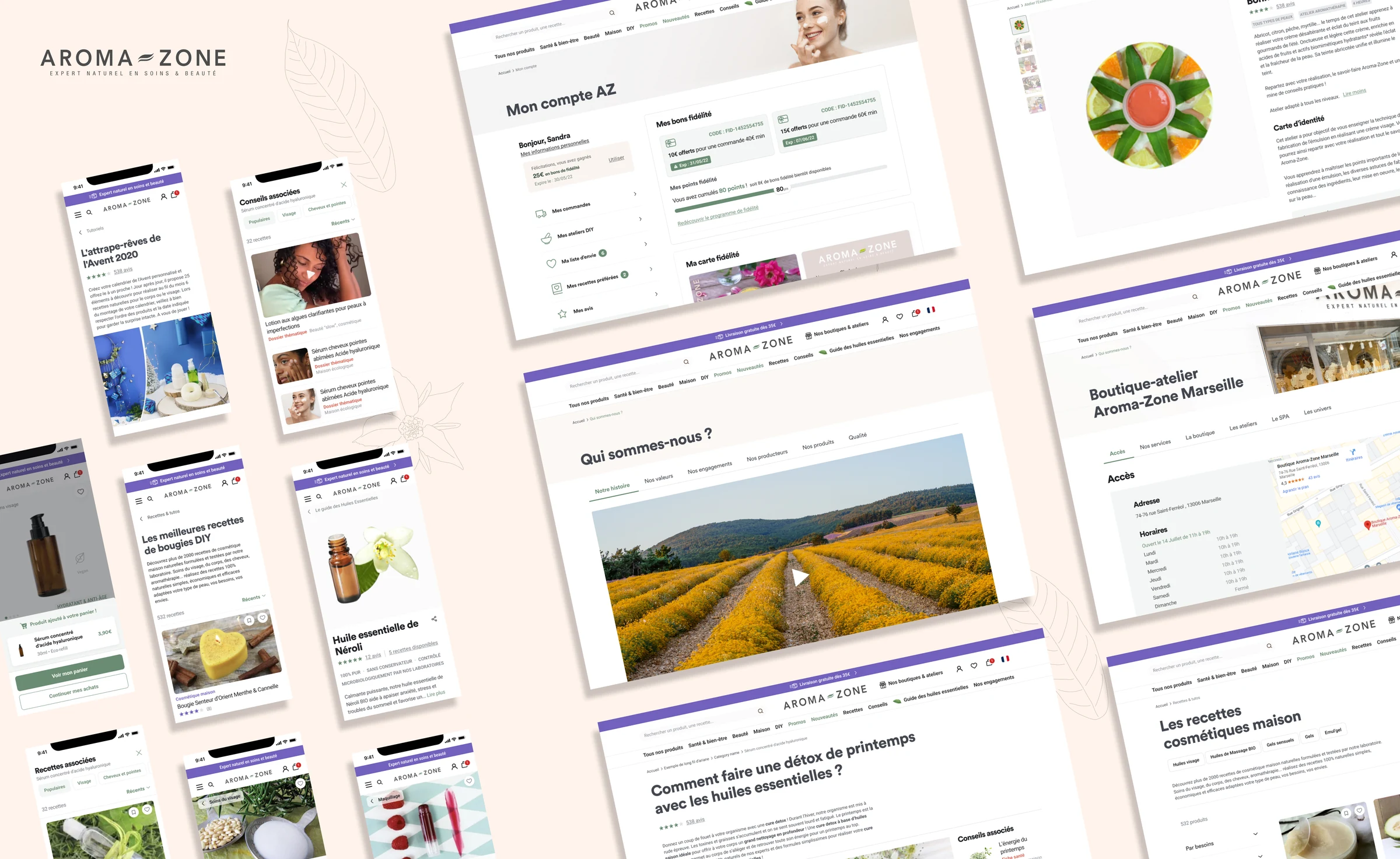 Panorama de pages Aroma-Zone : compte fidélité, qui sommes-nous, boutique Marseille, recettes, mobile
