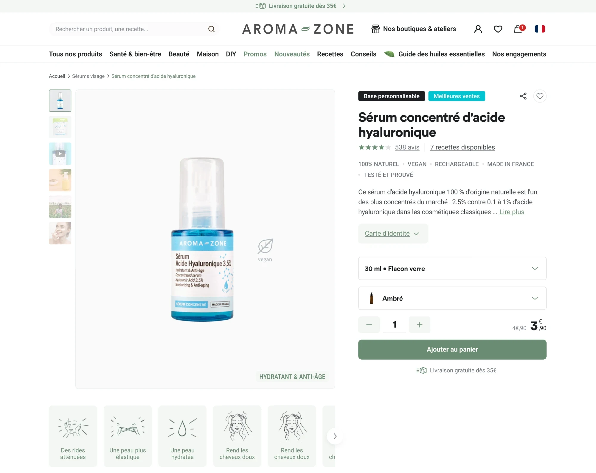 Fiche produit Sérum concentré d'acide hyaluronique en version desktop