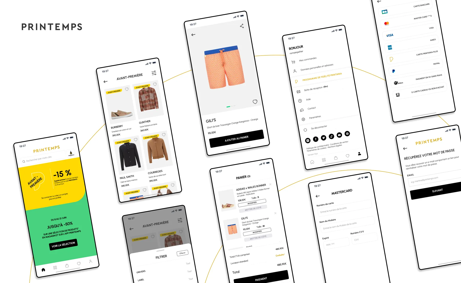 Écrans de l'application mobile Printemps.com : avant-première, fiche produit, compte, panier et paiement