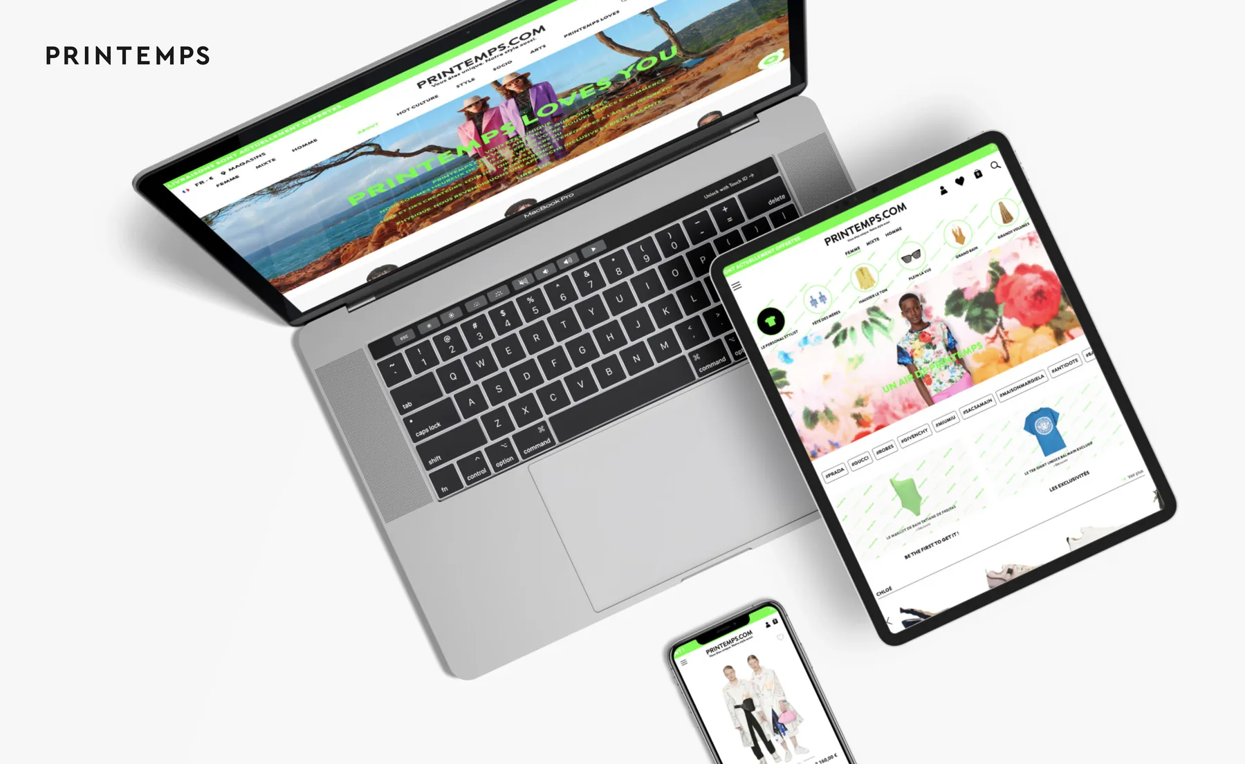Printemps.com affiché sur desktop, tablette et mobile : accueil, listing produit et sélection Printemps Loves You