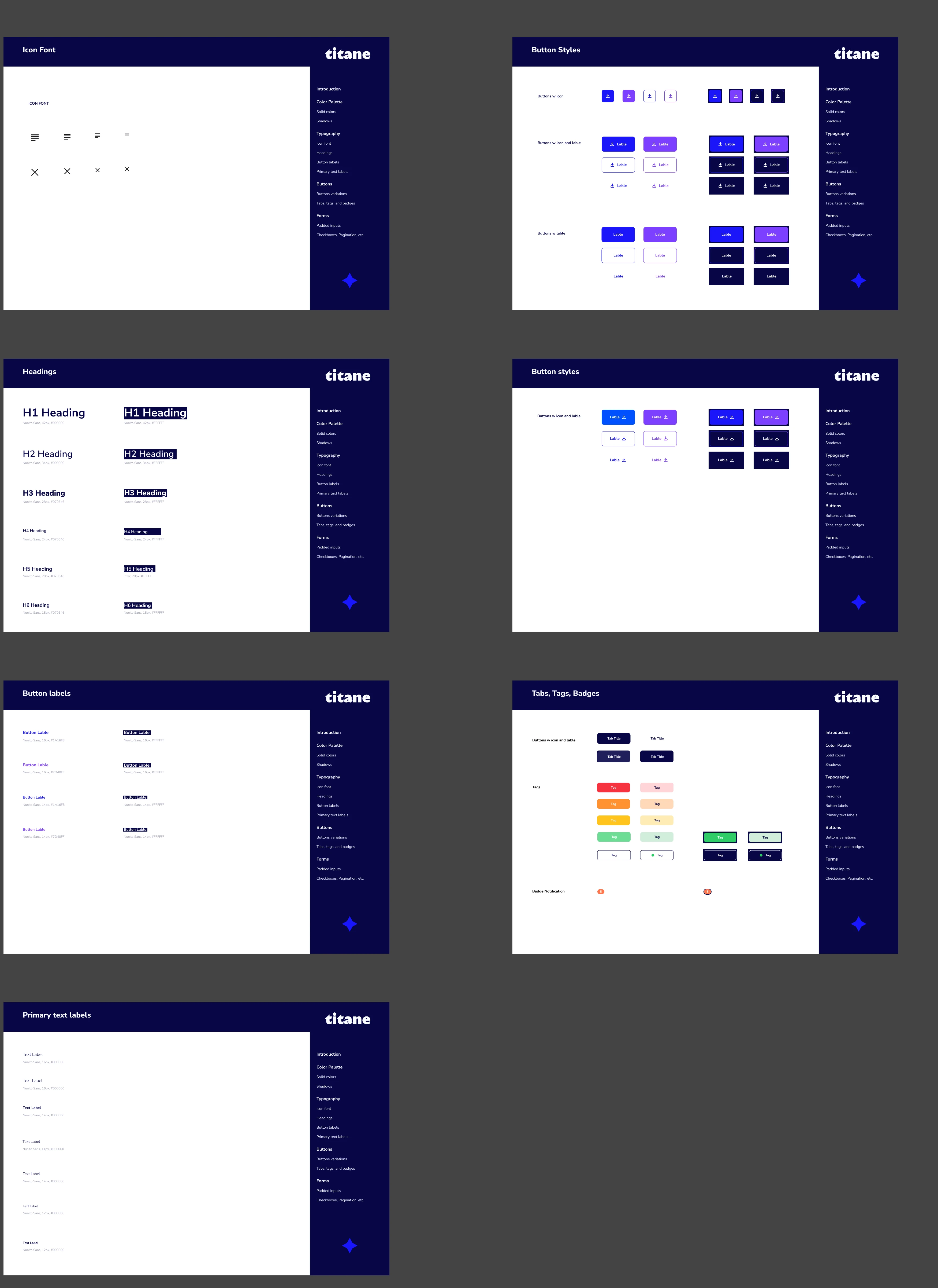 Design system Titane : police d'icônes, styles de boutons, hiérarchie typographique, labels, tabs et badges