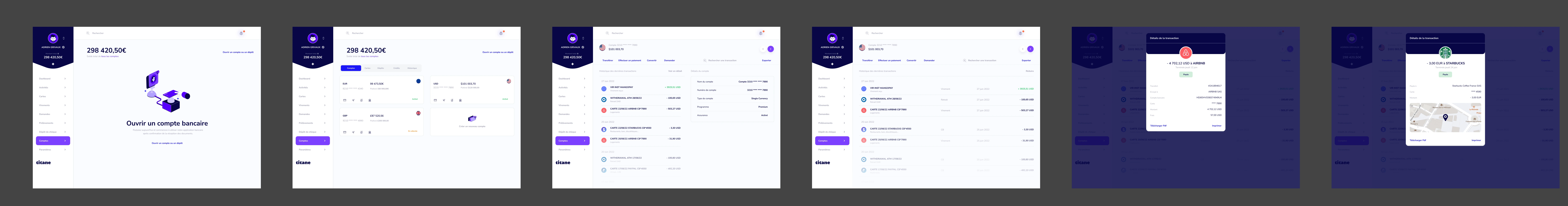 Module Comptes Titane : état vide, comptes multi-devises, détail des transactions et confirmations contextuelles