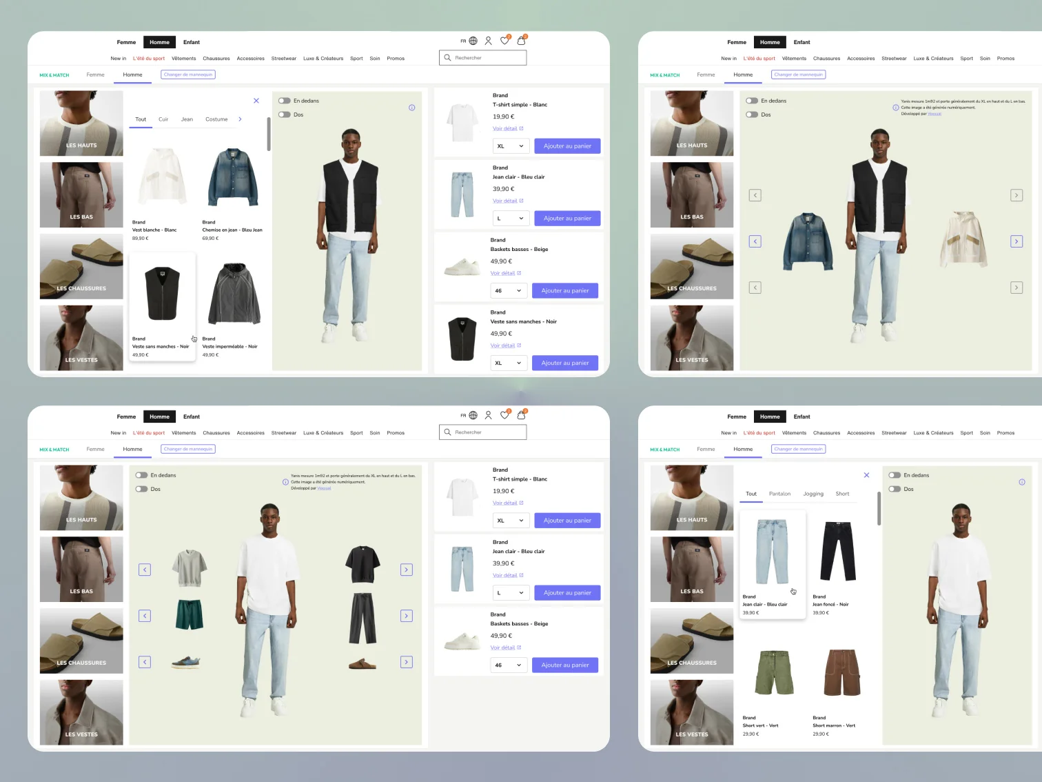Widget Veesual Mix & Match en production : navigation par catégorie, alternance de pièces sur le mannequin, changement de mannequin et panier détaillé
