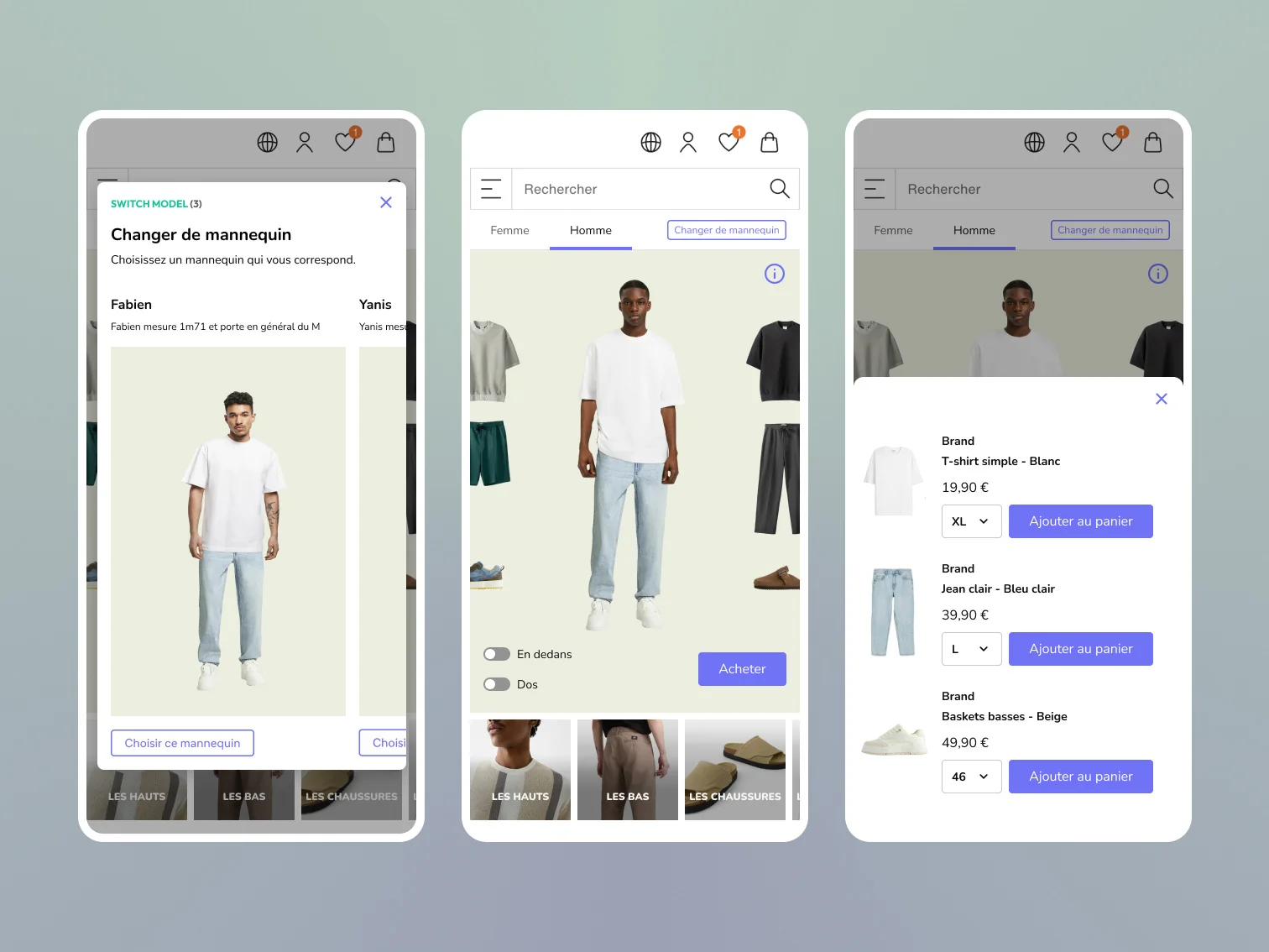 Version mobile du widget Veesual : comparaison de mannequins (Switch Model), essayage et panier détaillé
